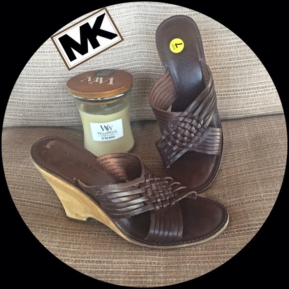 Michael Kors MK Sold Leather Wood Wedge Sandal 7 - Picture 2 of 4